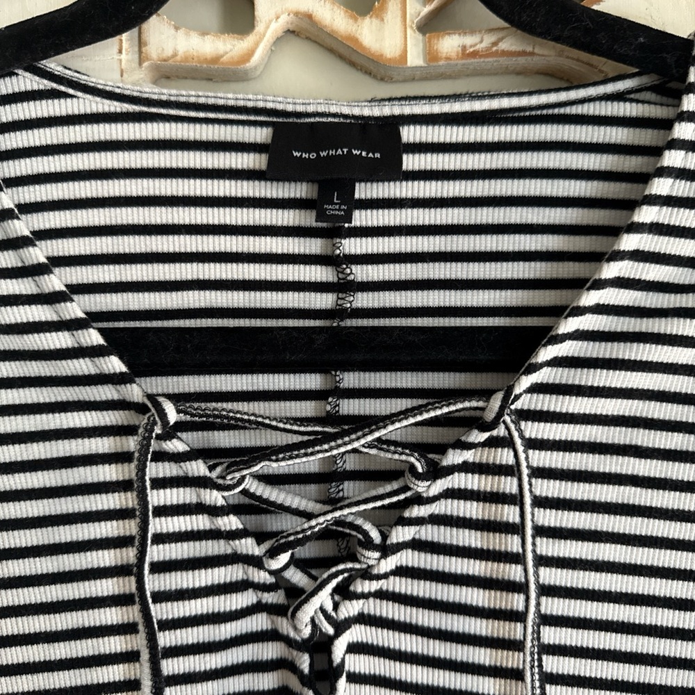 Who What Wear Black and White Striped Lace-Up Bodysuit - Picture 2 of 3